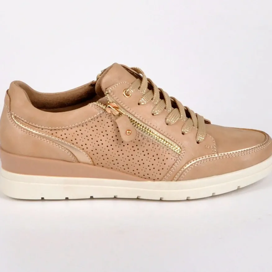 LADY CONFORT Baskets Femme Avec Zip Nude En Cuir|Femme Chaussures Confort