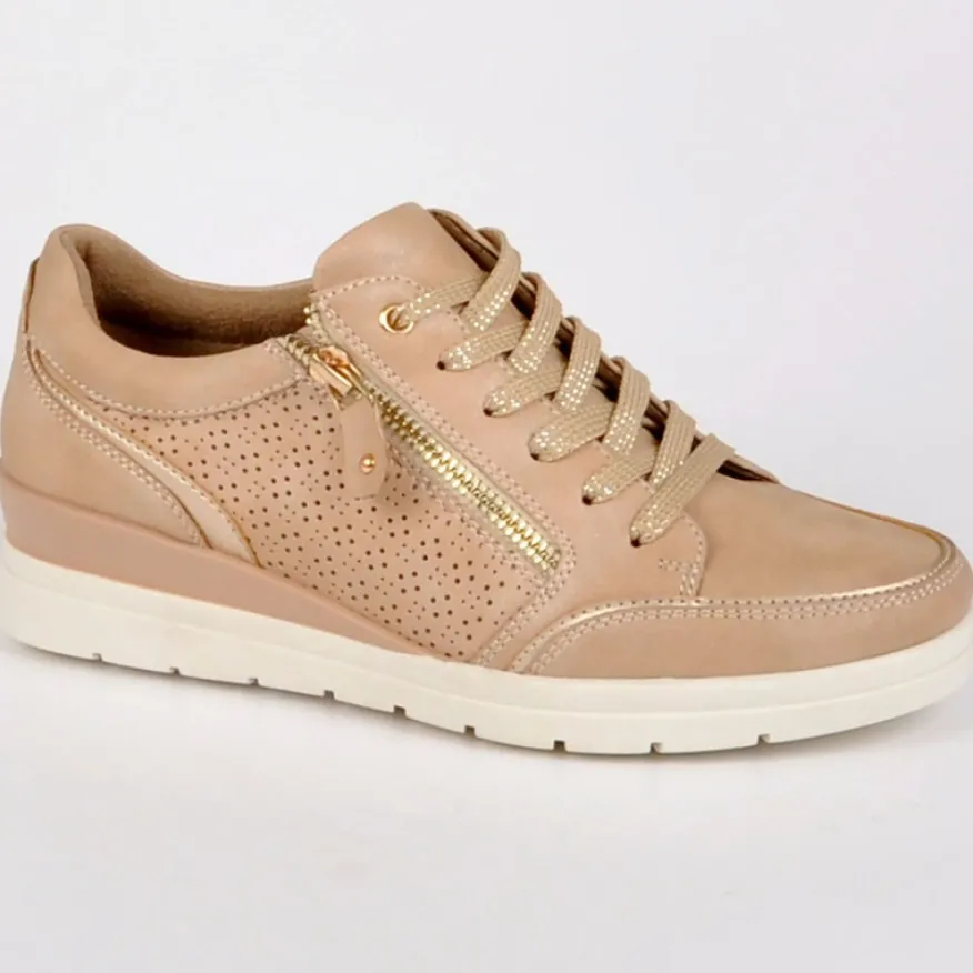 LADY CONFORT Baskets Femme Avec Zip Nude En Cuir|Femme Chaussures Confort