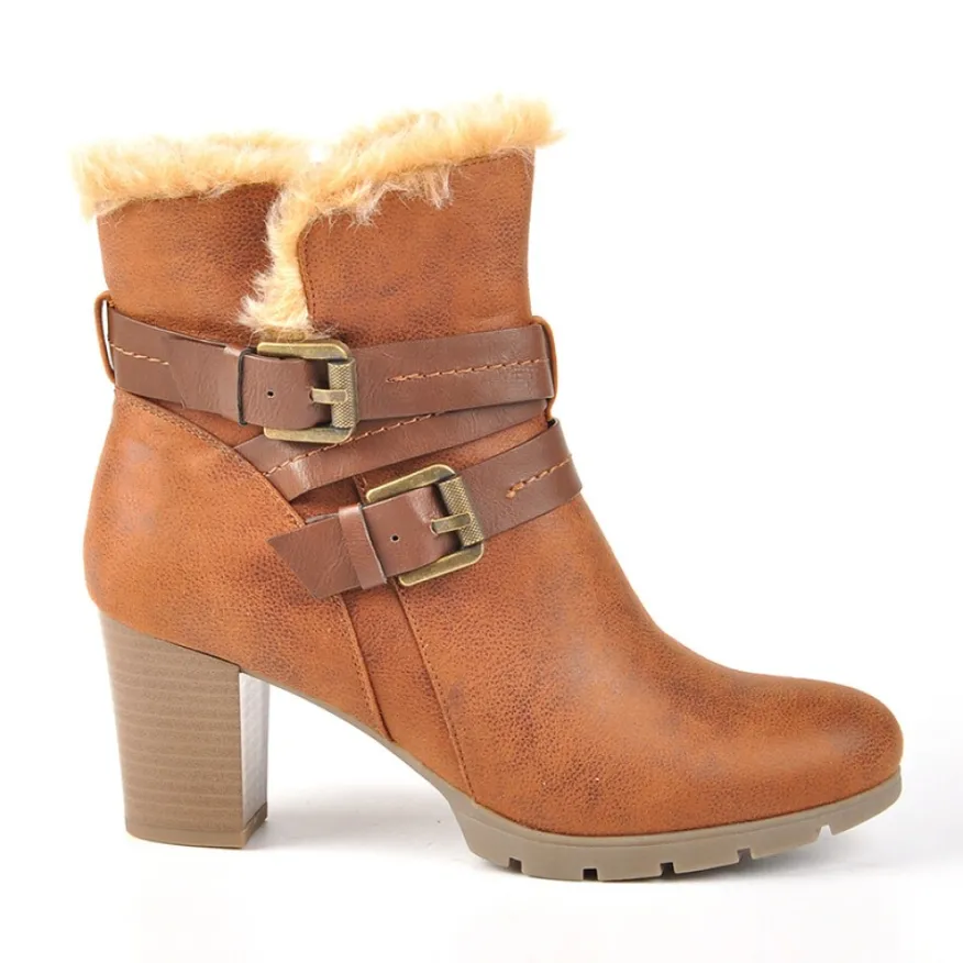 CARROU Bottines A Talons Avec Col Fausse Fourrure Camel|Femme Chaussures Confort