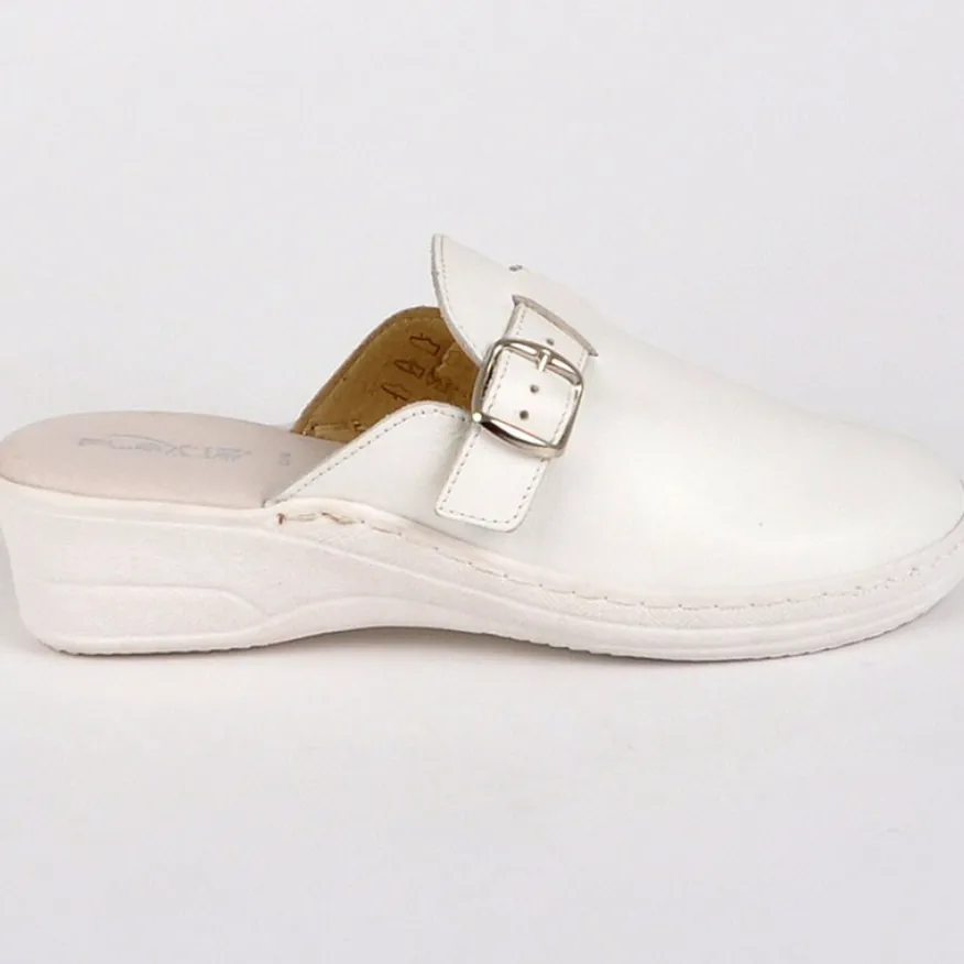 FLEX'IS Mules Sabots Avec Boucles Metalliques Blanc|Femme Chaussures Confort