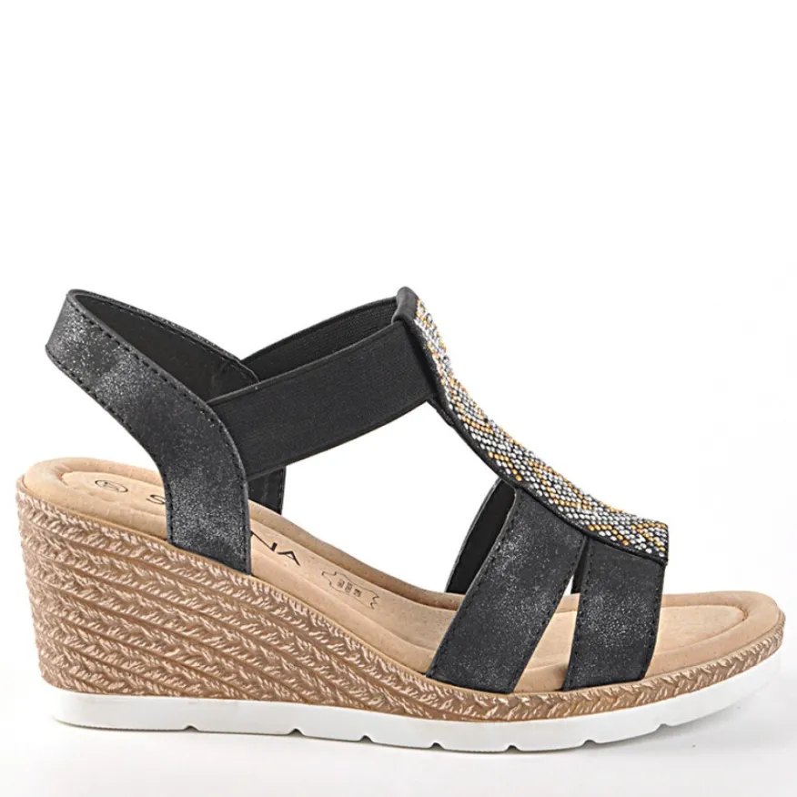 SCALINA Sandales Compensees Avec Elastiques Noir|Femme Chaussures Confort