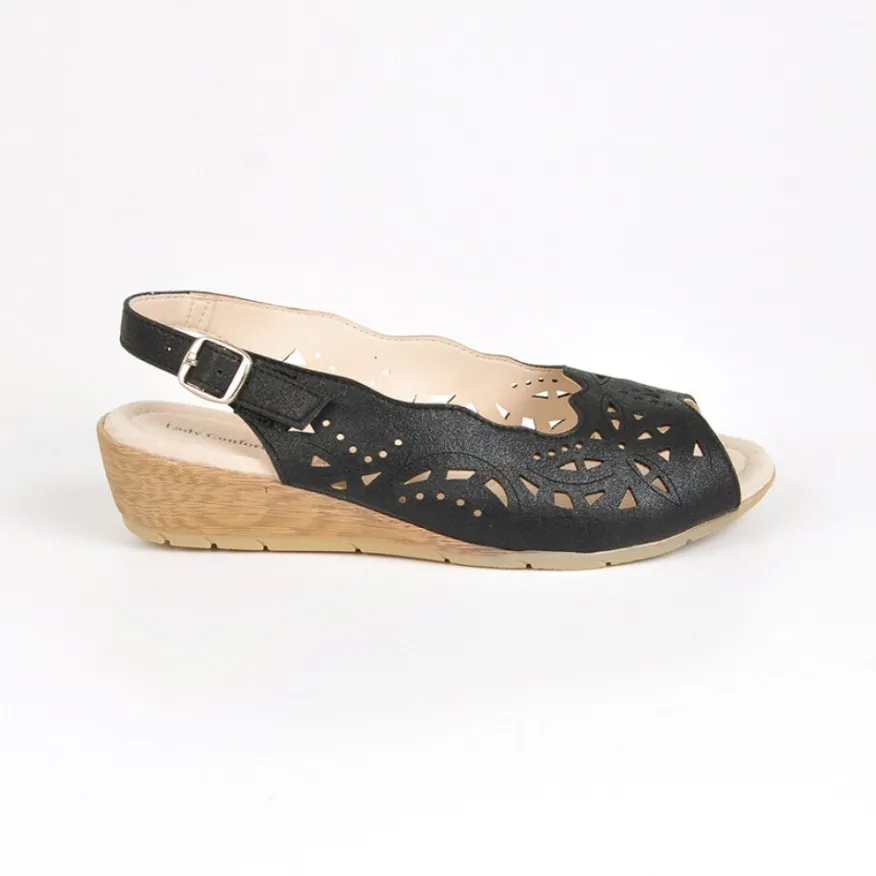 LADY CONFORT Sandales Compensees Noir En Cuir|Femme Chaussures Confort