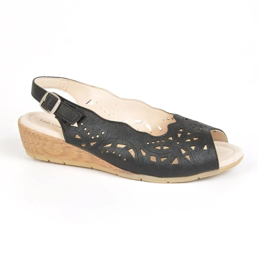 LADY CONFORT Sandales Compensees Noir En Cuir|Femme Chaussures Confort