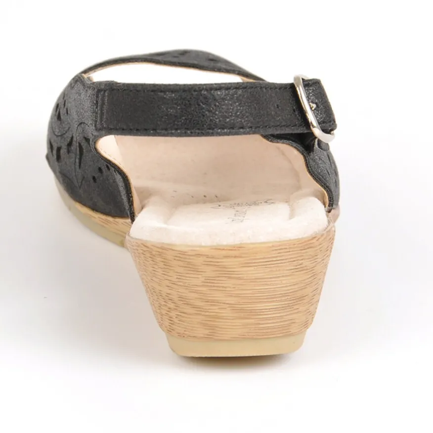 LADY CONFORT Sandales Compensees Noir En Cuir|Femme Chaussures Confort